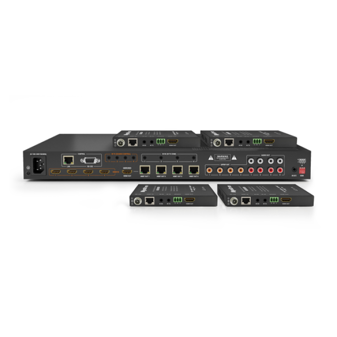 Комплект матричного коммутатора 4x4 с поддержкой 4K HDR 4:4:4 60Hz HDBaseT™, плюс 4 приемника и cо встроенным де-эмбеддером аудио (4K: 35м, 1080p: 70м) WYRESTORM MXV-0404-H2A-KIT